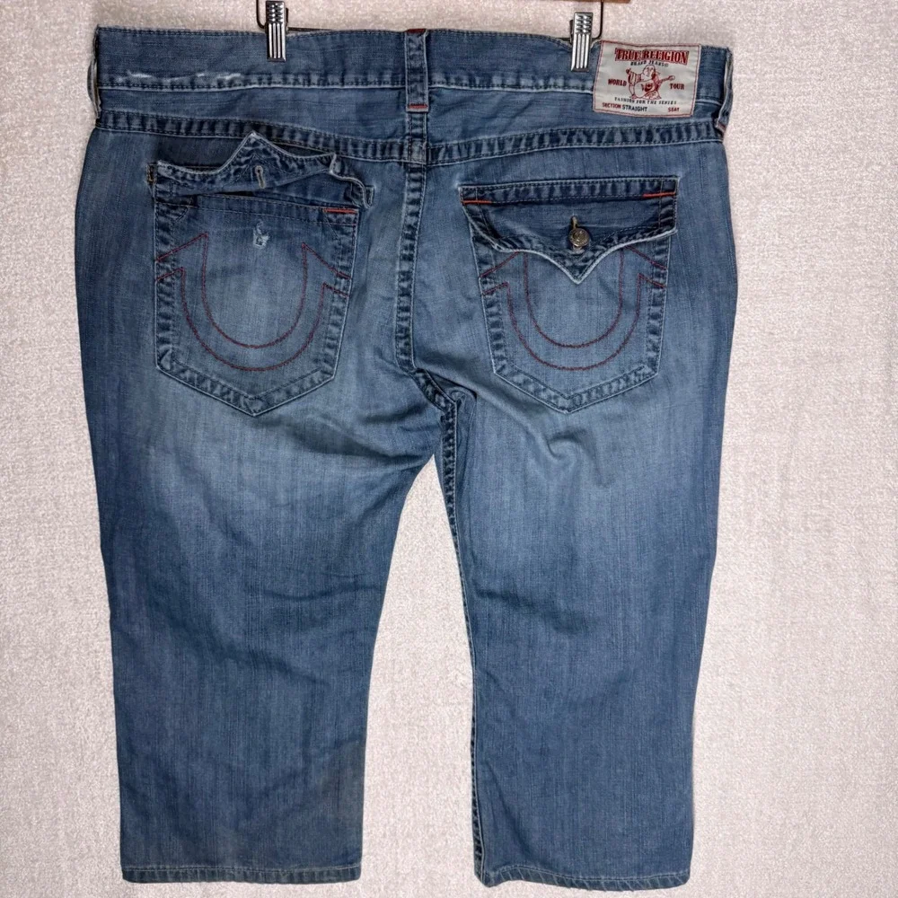 True Religion Men's 44 Straight Distressed Denim Shorts Horseshoe Jorts Blue